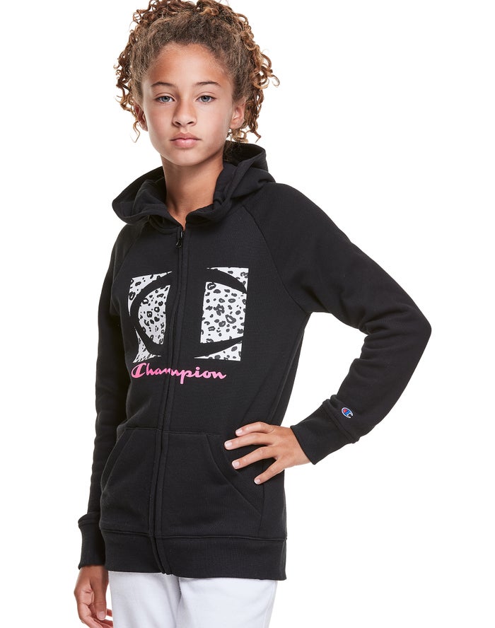 Champion Fleece Raglan Full Zip Leopard Knockout Logo - Tytön Mustat Huppari - Suomi 0765913-IL